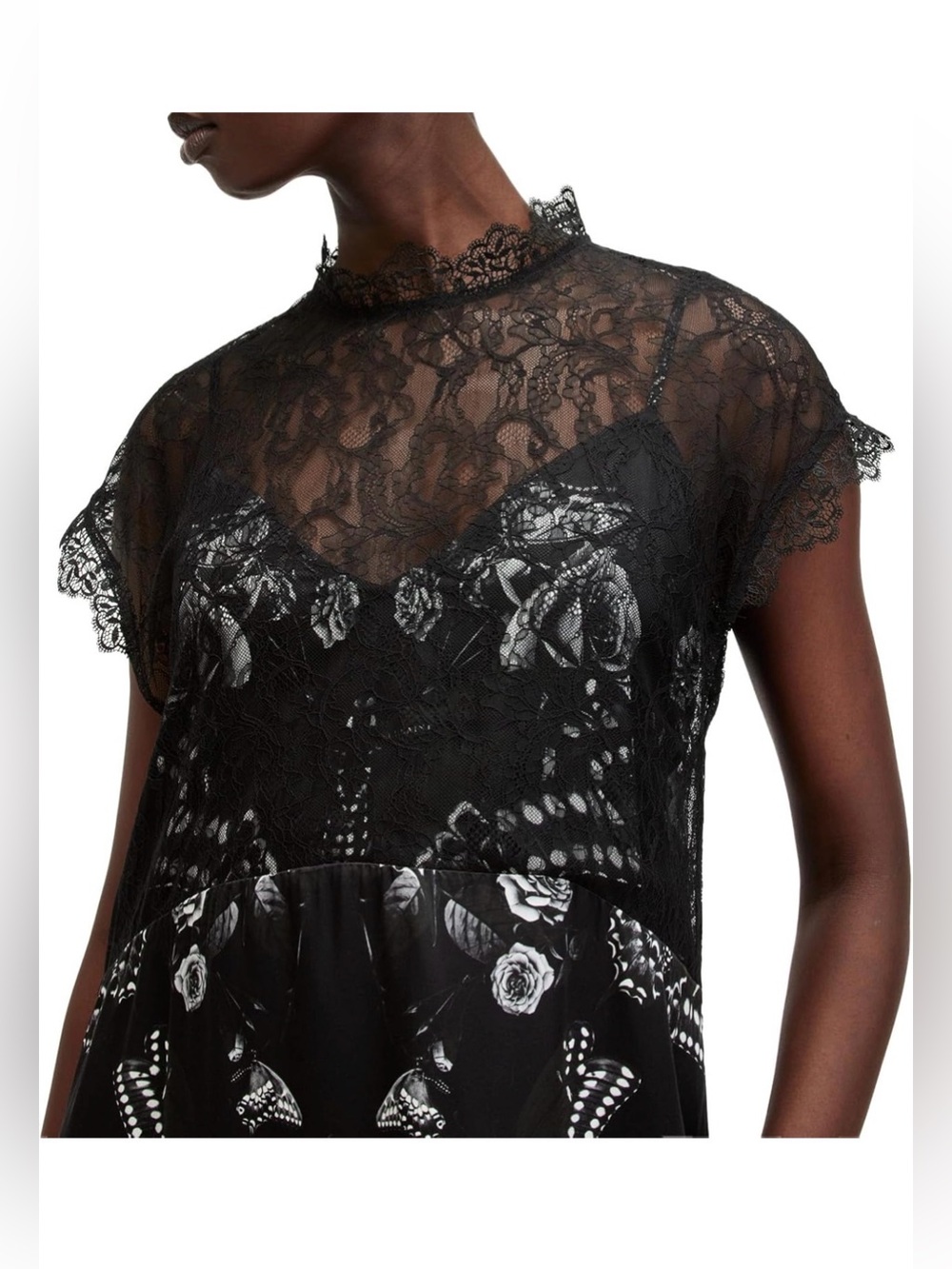 All Saints Black and White Gian Lace-Trim Asymmetrical Floral Dress - Picture 2 of 9